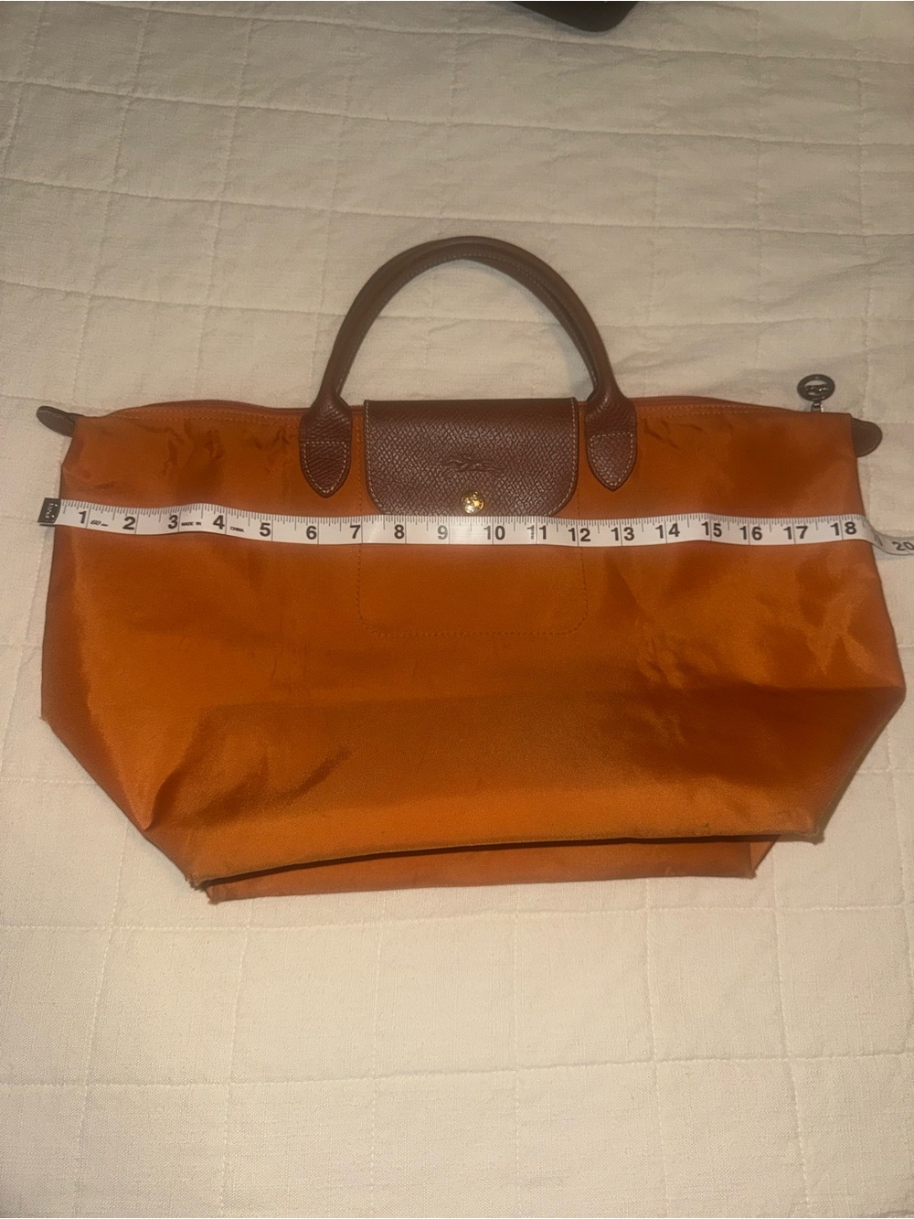 Longchamp Orange Nylon Duffel with Brown Leather Trim
